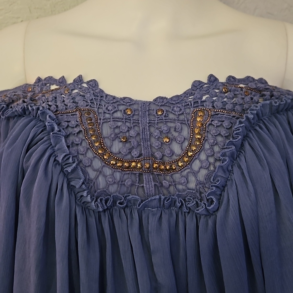 VTG NINE WEST Fairycore Blue Crochet Lace Chiffon Shawl Poncho Festival Top - Picture 5 of 9